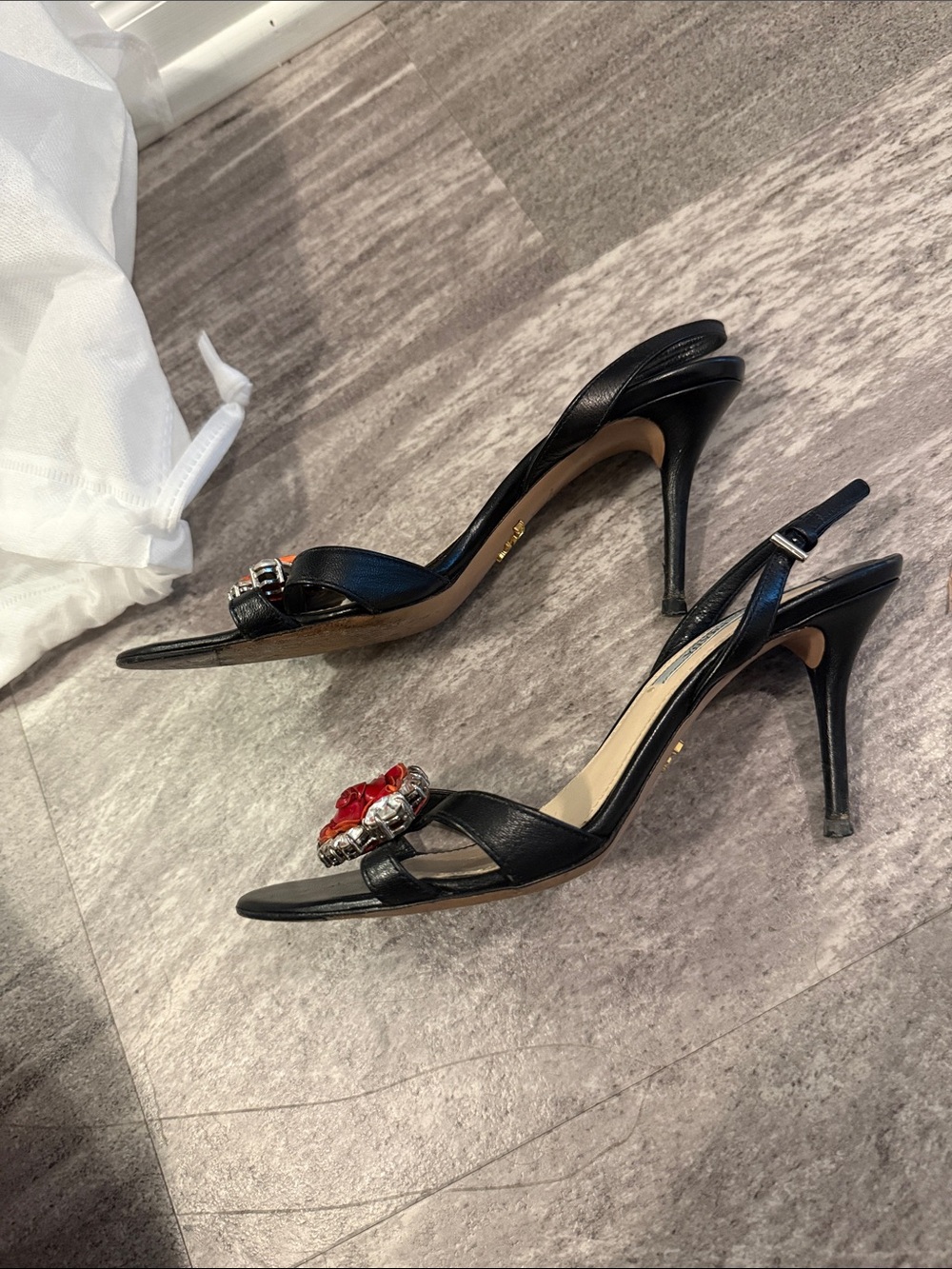 Prada Black Leather Slingback Sandals with Red Flower Embellishment - Picture 3 of 5